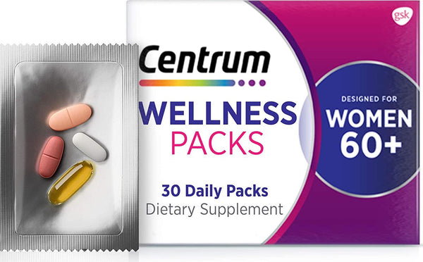 Centrum Wellness Packs Daily Vitamins with Complete Multivitamin for Women in Their 60s, Calcium Carbonate 600 mg, Fish Oil with Omega-3 and MSM 1000 mg, 1 Month Supply, 30 Count