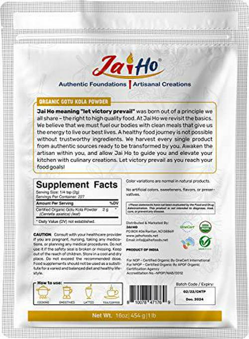 Certified USDA Organic Gotu Kola Powder - 1 LB - Gluten Free, Vegan, Non-GMO - Resealable Zip Lock Pouch - by Jai Ho