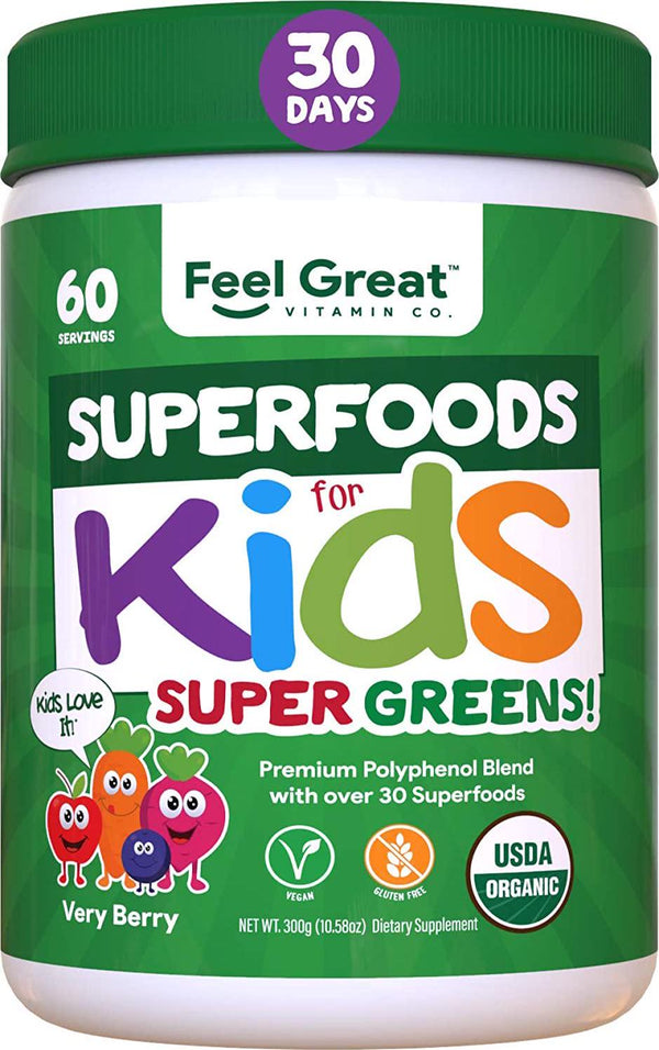 Certified USDA Organic Superfood Greens for Kids Berry Juice Powder by Feel Great 365 | Prebiotics, Probiotics and Digestive Enzymes | Non-GMO, Vegan, Gluten-Free and Dairy-Free w/Immune Support*