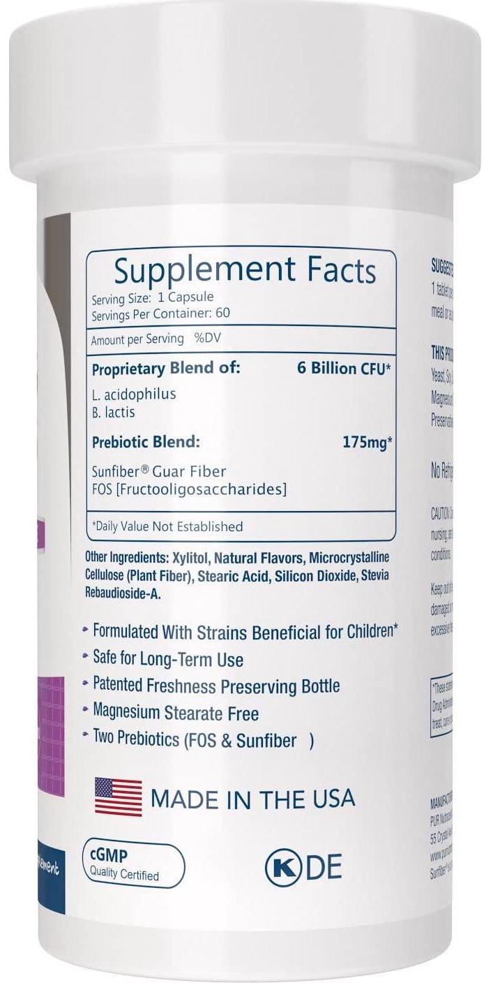Children's Probiotics + Prebiotics * 6 Billion CFUs/Serving * 60 Chewable Tablets * 2 Month Supply * with Prebiotics Sunfiber and FOS for 10X More Effectiveness * 100% All Natural * Made in USA