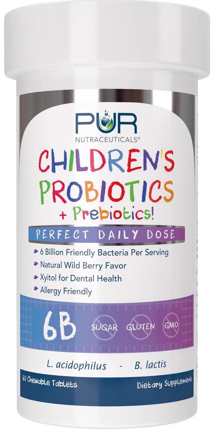 Children's Probiotics + Prebiotics * 6 Billion CFUs/Serving * 60 Chewable Tablets * 2 Month Supply * with Prebiotics Sunfiber and FOS for 10X More Effectiveness * 100% All Natural * Made in USA