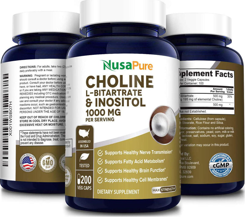 Choline and Inositol 1000mg 200 Veggie Caps (100% Vegetarian, Non-GMO and Gluten Free) Brain Health Supplement - All Natural Ingredients - Promotes Healthy Brain and Nerve Function