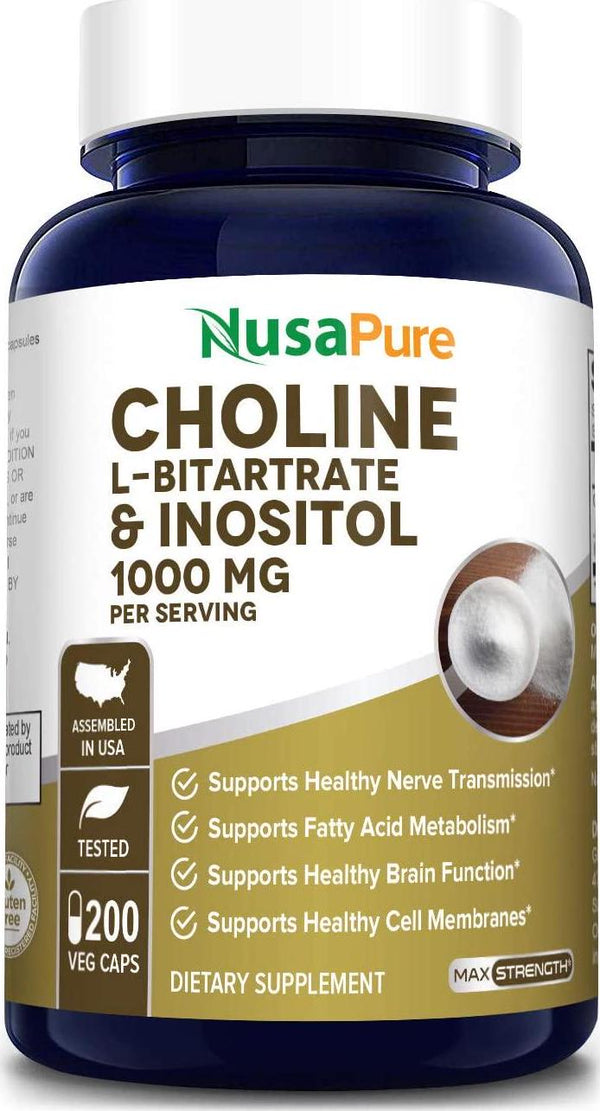 Choline and Inositol 1000mg 200 Veggie Caps (100% Vegetarian, Non-GMO and Gluten Free) Brain Health Supplement - All Natural Ingredients - Promotes Healthy Brain and Nerve Function