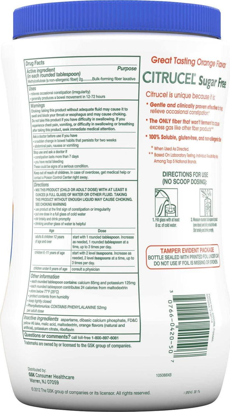 Citrucel Powder Sugar-Free Orange-Flavor Fiber Therapy for Occasional Constipation Relief, 32 Ounce