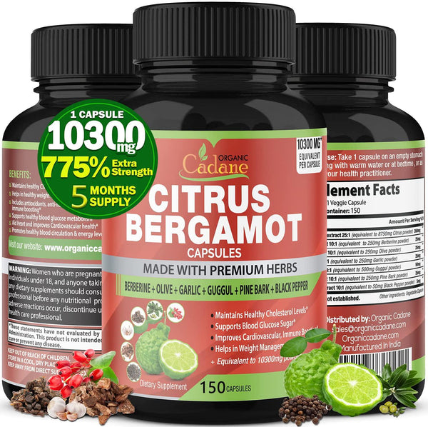 Citrus Bergamot Extract Capsules 10300mg, 5 Months Supply and Berberine, Olive, Guggul, Garlic, Pine Bark, Black Pepper | High Cholesterol Levels Lowering Supplements | Promotes Blood Sugar Pressure