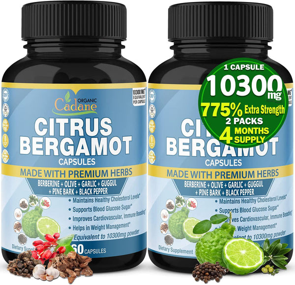 Citrus Bergamot Extract Capsules 10300mg and Berberine, Olive, Guggul, Garlic, Pine Bark, Black Pepper | High Cholesterol Levels Lowering Supplements | Promotes Blood Sugar Pressure, 4 Months Supply