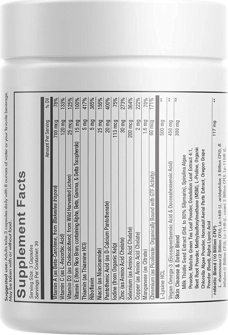Clearface Pantothenic Acid, Niacin Supplement, Vitamins A, C, D3, E, FloraFIT Probiotics, Zinc, Riboflavin, Thiamin, L-Lysine HCL and Omega-3, Niacinamide, Skin Botanical Blend - Non-GMO - 90 Capsules
