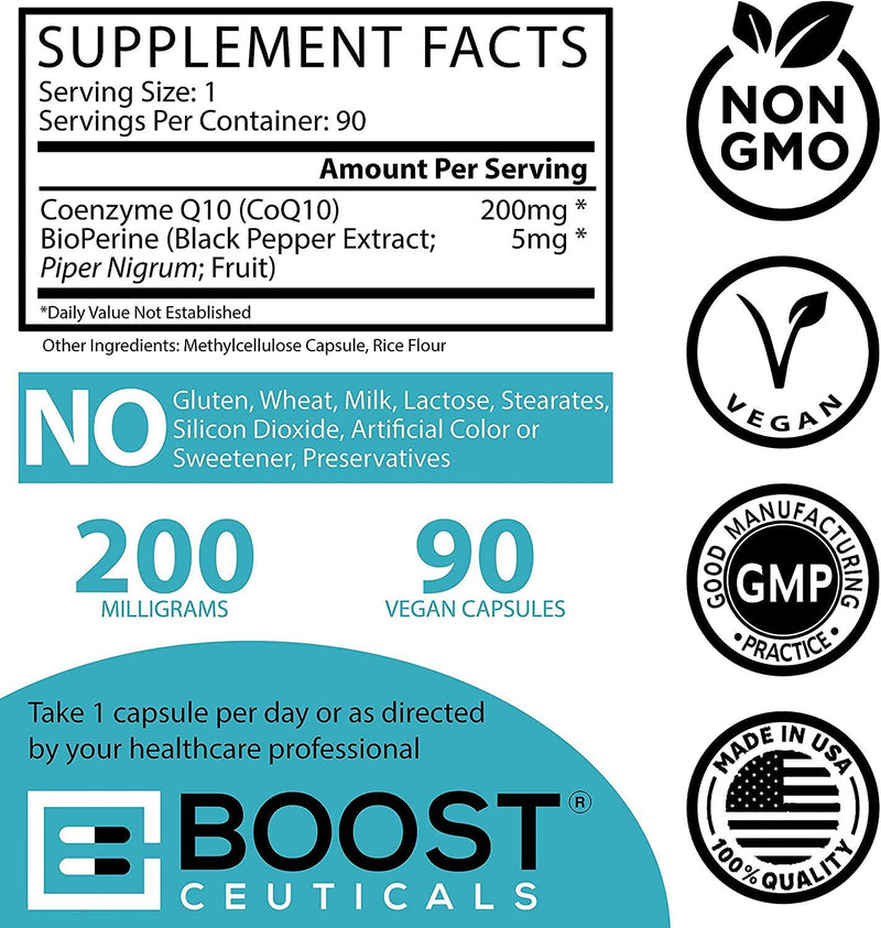 CoQ10 with Bioperine - High Absorption CoQ10 200 mg 90 Capsules - Vegan - Non-GMO - Gluten Free - No Additives Coenzyme Q10 - Superior Heart Health Co Q 10 Supplement by BoostCeuticals