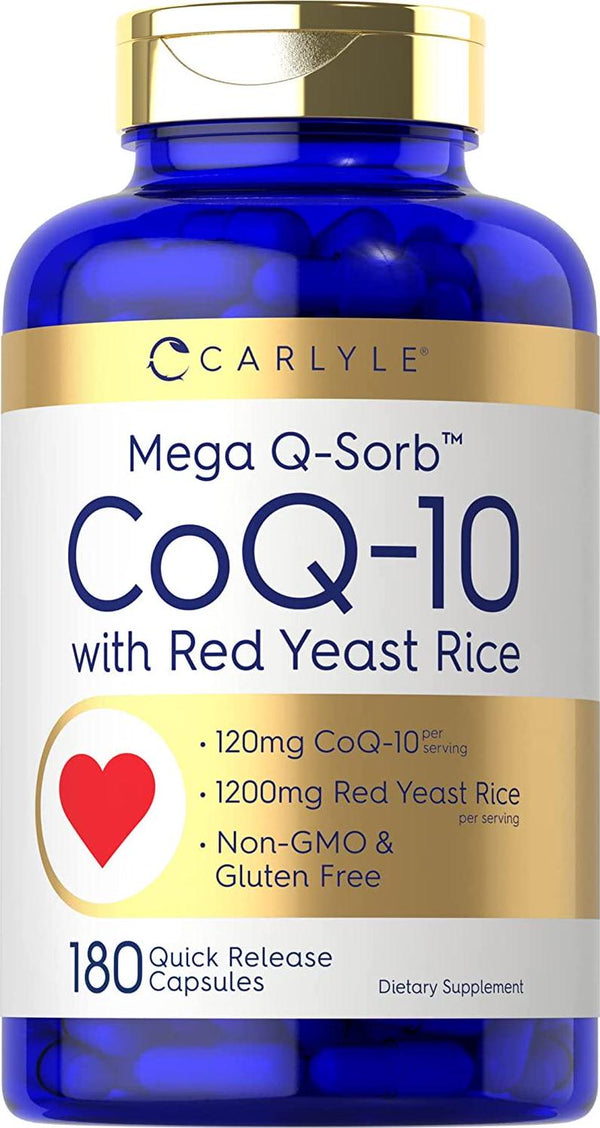 CoQ10 with Red Yeast Rice | 180 Capsules | Mega Q-Sorb 120mg and Red Yeast Rice 1200 mg | Non-GMO, Gluten Free Supplement | by Carlyle