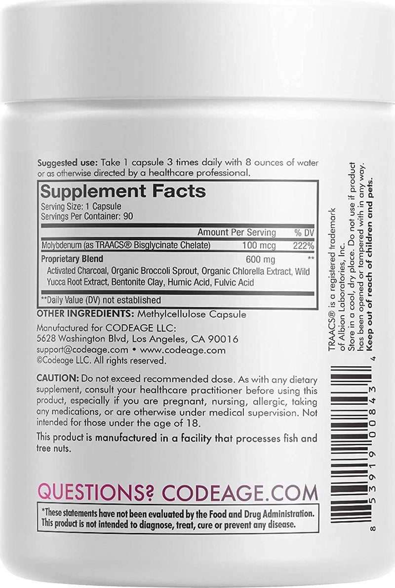 Codeage Binder + Systemic Binder Supplement - Activated Charcoal Pills, Bentonite Clay Mineral Powder, Fulvic and Humic Acids, Molybdenum, Carbon Forms - 90 Capsules