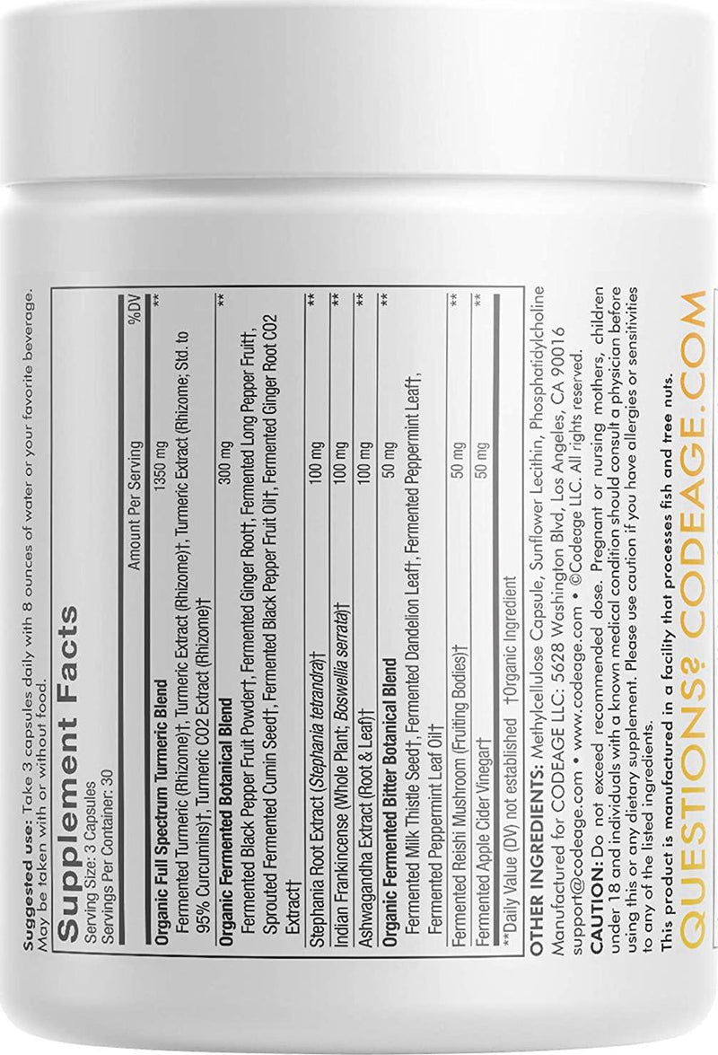 Codeage Fermented Turmeric Supplement, Organic Curcumin Infused with Essential Oils and Digestive Bitters, Optimized Liposomal Curcumin Complex with Ginger, Boswellia, Stephania, 90 Capsules