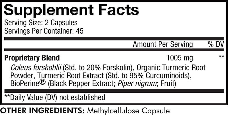 Codeage Forskolin, Pure Forskolin Coleus + Organic Turmeric Root Powder, 95% Curcuminoids + Bioperine Black Pepper for Absorption - 20% Standardized Coleus Forskohlii, Non-GMO, 90 Capsules
