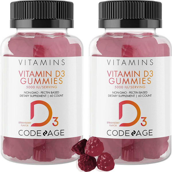 Codeage Vitamin D3 Gummies 2-Pack, Pectin-Based Chewable Vitamin D 5000 IU Supplement for Adults, Bone, Strawberry Flavor Sunshine Vitamins Gummy, Gelatin-Free, Gluten-Free, Non-GMO, 120 Counts
