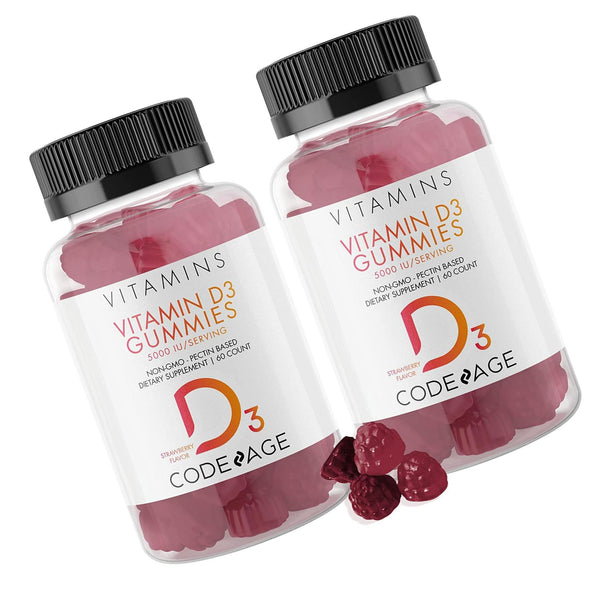 Codeage Vitamin D3 Gummies 2-Pack, Pectin-Based Chewable Vitamin D 5000 IU Supplement for Adults, Bone, Strawberry Flavor Sunshine Vitamins Gummy, Gelatin-Free, Gluten-Free, Non-GMO, 120 Counts