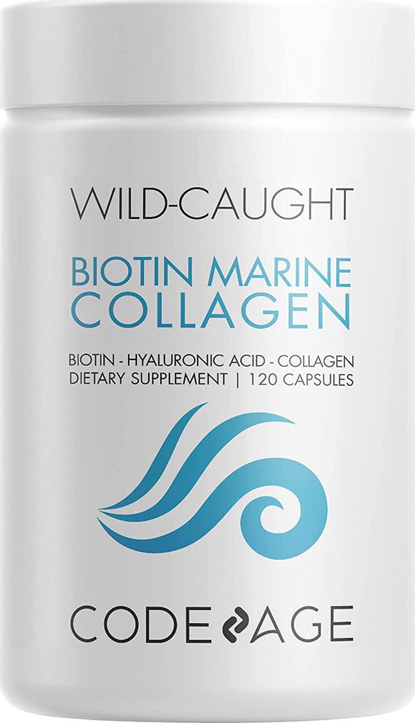 Codeage Wild-Caught Marine Collagen Peptides + Hyaluronic Acid + Vitamin C + Biotin - Hydrolyzed Fish Collagen Pills for Hair, Skin and Nails + Joint Support - Collagen for Women and Men - 120 Capsules