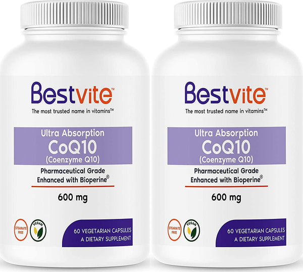 Coenzyme CoQ10 600mg with Bioperine (120 Vegetarian Capsules) (2-Pack) Naturally Fermented - No Stearates - No Fillers - Vegan - Non GMO - Gluten Free