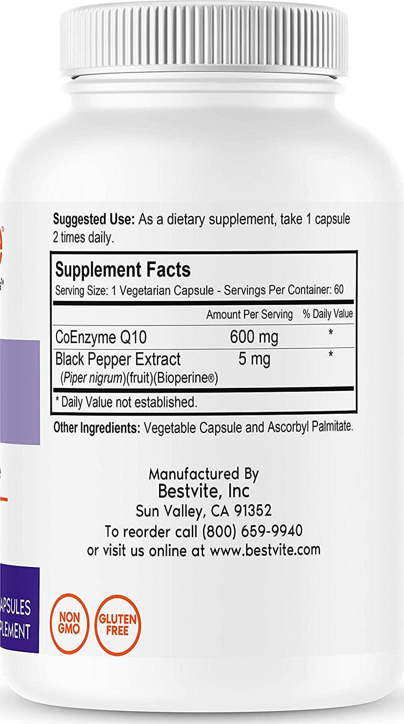 Coenzyme CoQ10 600mg with Bioperine (120 Vegetarian Capsules) (2-Pack) Naturally Fermented - No Stearates - No Fillers - Vegan - Non GMO - Gluten Free