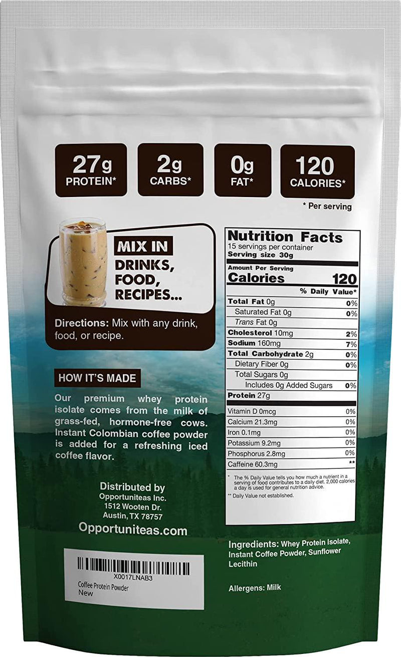 Coffee Protein Powder - Grass Fed Whey Isolate + Colombian Coffee - Low Carb and 60mg Caffeine - Boost Energy Pre or Post Workout - Keto Friendly Drinks, Lattes, Shakes, Smoothies and Recipes - 1 Pound