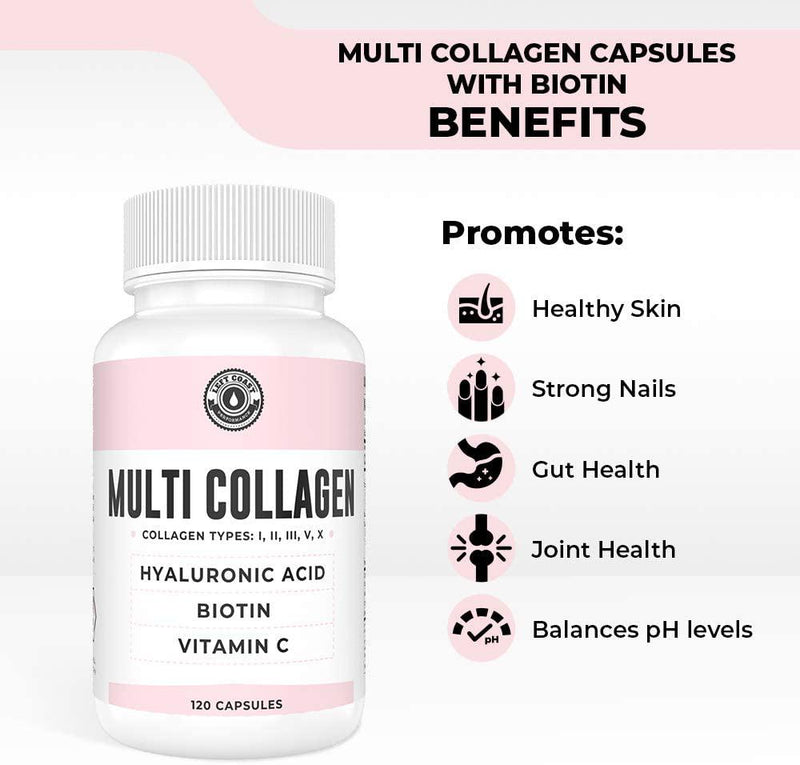 Collagen Capsules with Biotin, Hyaluronic Acid, Vitamin C | Hydrolyzed Multi Collagen Peptide Pills. Types I, II, III, V, X. Collagen for Skin, Hair, Nails and Joint Health