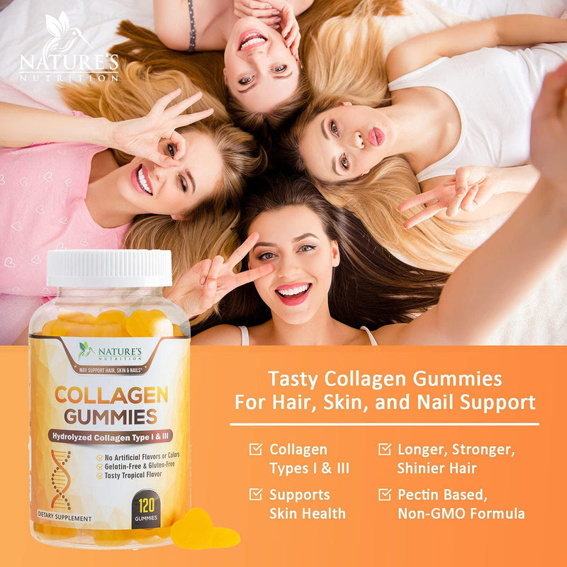 Collagen Gummies Types 1 and 3 10,000 mcg - Hair, Skin, and Nails Chewable Gummy Vitamins for Women and Men - No Gelatin, Non-GMO - Supports Aging Skin - Tropical Flavor - 120 Gummies