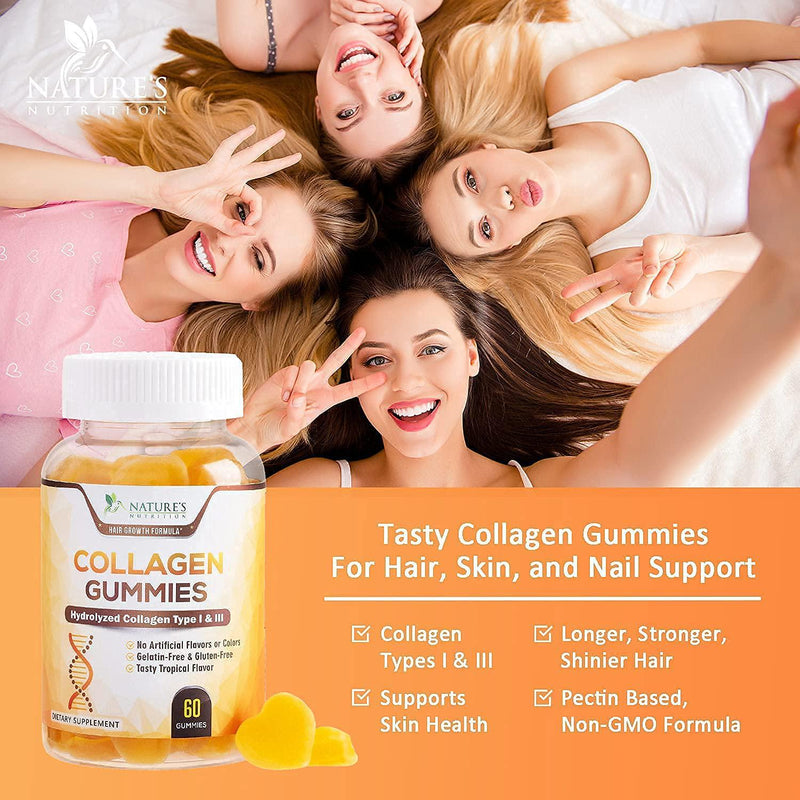 Collagen Gummies Type 1 and 3 - 10,000 mcg - Hair, Skin, and Nails Gummy Vitamins for Women and Men - No Gelatin, Non-GMO - Tropical Flavor - 60 Gummies
