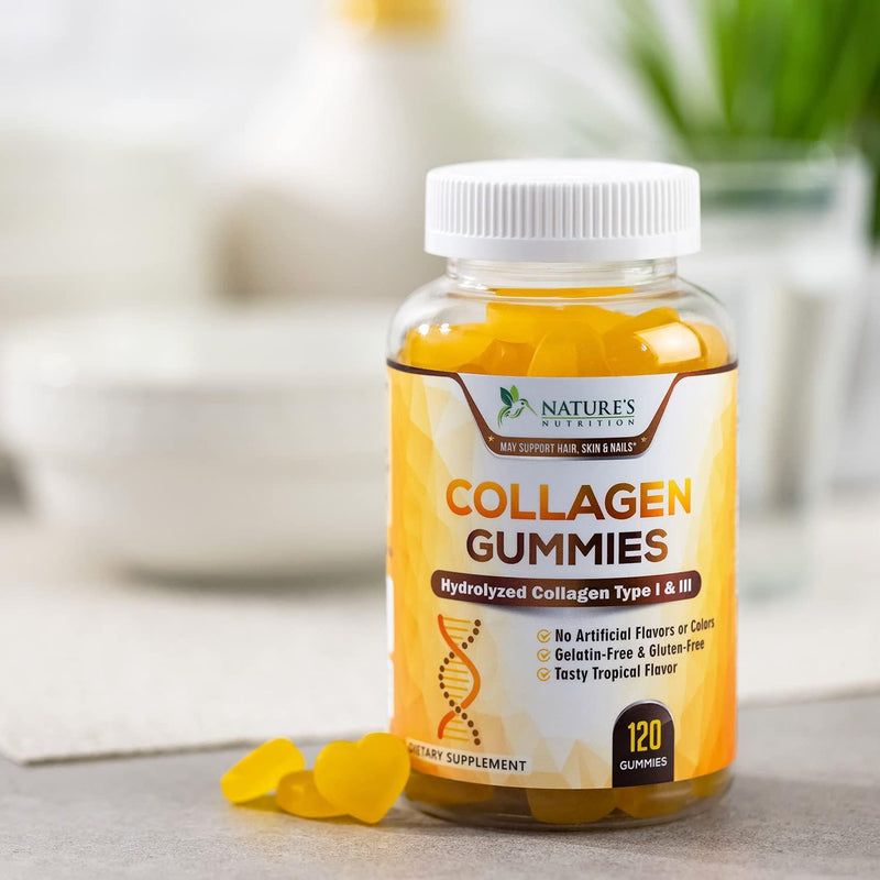 Collagen Gummies Types 1 and 3 10,000 mcg - Hair, Skin, and Nails Chewable Gummy Vitamins for Women and Men - No Gelatin, Non-GMO - Supports Aging Skin - Tropical Flavor - 120 Gummies
