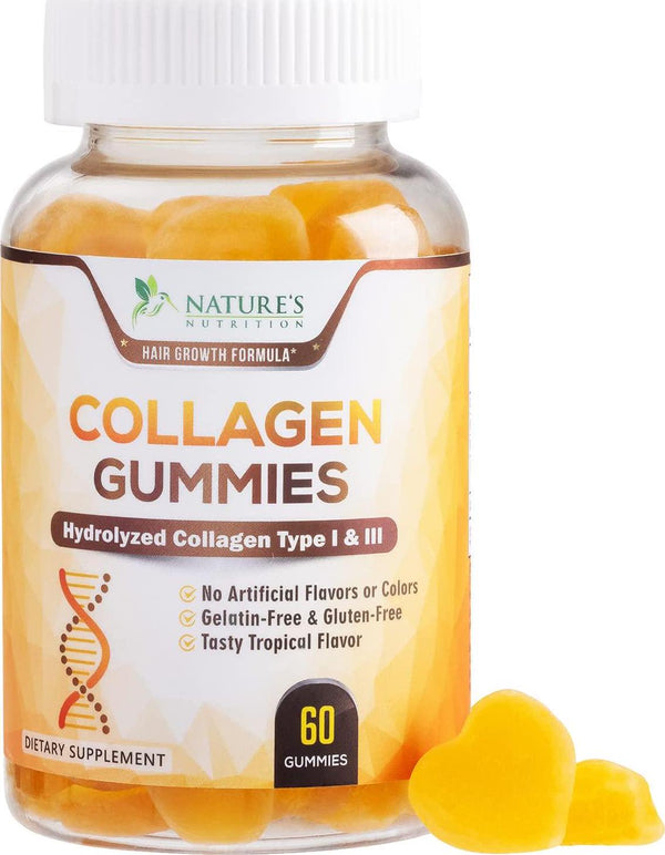 Collagen Gummies Type 1 and 3 - 10,000 mcg - Hair, Skin, and Nails Gummy Vitamins for Women and Men - No Gelatin, Non-GMO - Tropical Flavor - 60 Gummies