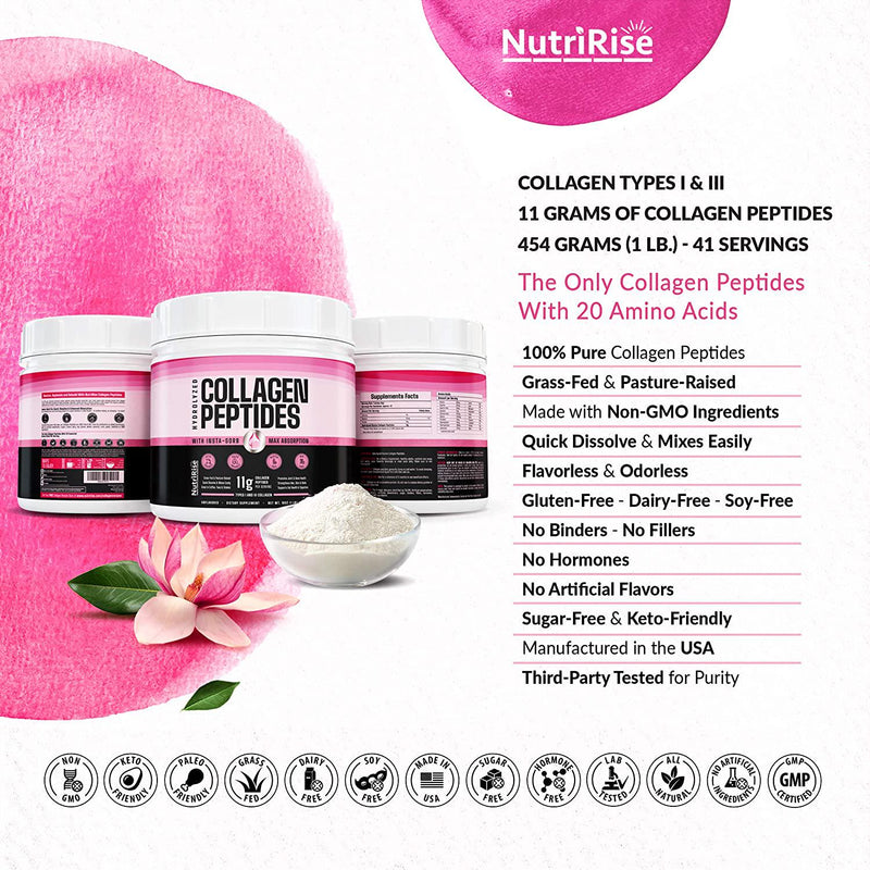 Collagen InstaSorb Peptides - Superior Mixability and Enhanced Absorption: Nails + Hair Growth - Keto Protein Powder, Joint Supplement, Soothes Digestion - Gluten Free Grass-Fed Pasture Raised