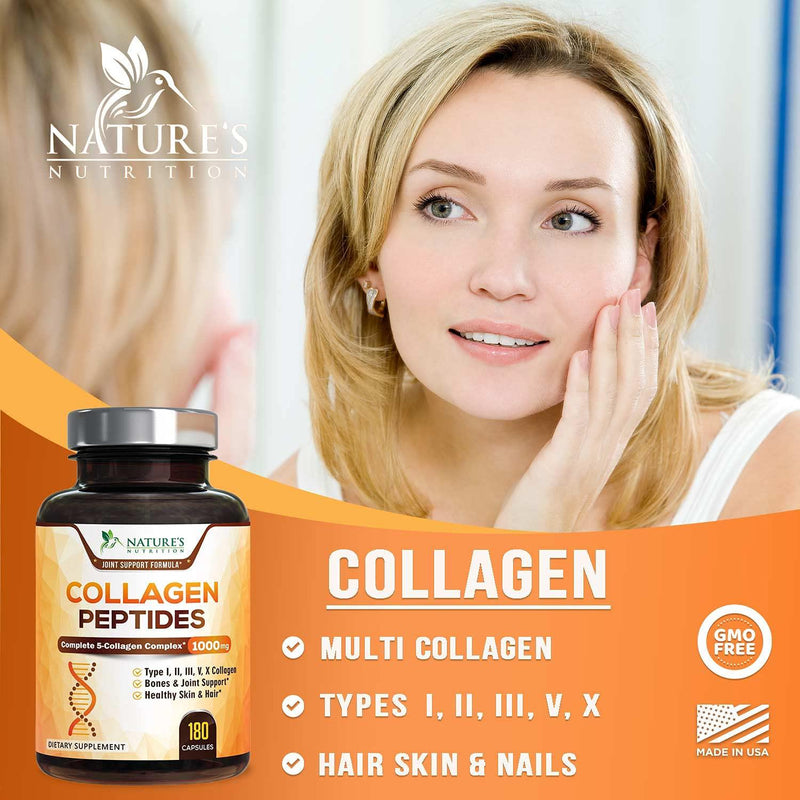 Collagen Peptides Pills 100% Pure Collagen Powder 1000mg - Collagen Powder Type I, II, III, V, X - Boosts Hair, Nails and Skin, Anti Aging Joint Formula, Paleo Friendly, Gluten Free - 120 Capsules