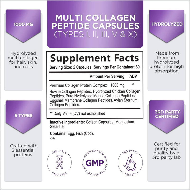 Collagen Peptides Types (I, II, III, V, X) 1000mg - High Absorption Hydrolyzed Multi Collagen - Made in USA - Premium Collagen Protein Supplement for Hair, Skin and Nails - 120 Capsules