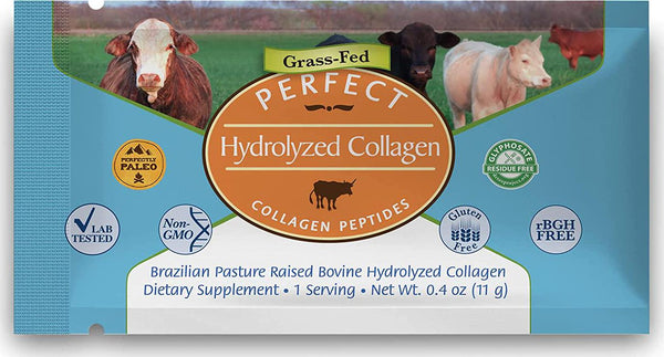 Collagen Perfect Hydrolyzed Protein Peptides SUGAR FREE 30 Single Serving Packets Perfect Supplements Australia Hydrolyzed Collagen Powder from 100% Grass-fed Brazilian Pasture raised cows. 30 Single Serving Packets