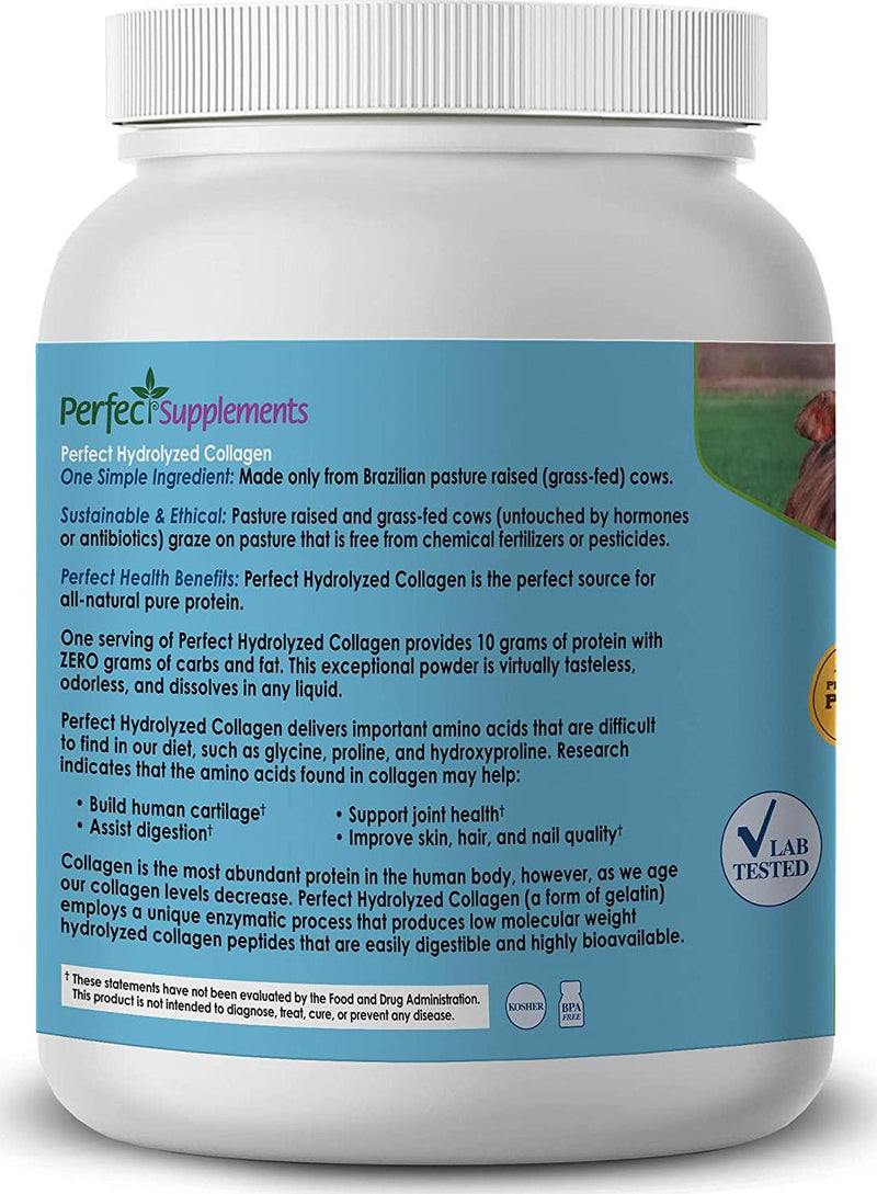 Collagen Perfect Hydrolyzed Protein Peptides SUGAR FREE 660G tub powder Perfect Supplements Australia Hydrolyzed Collagen Powder from 100% Grass-fed Brazilian Pasture raised cows.