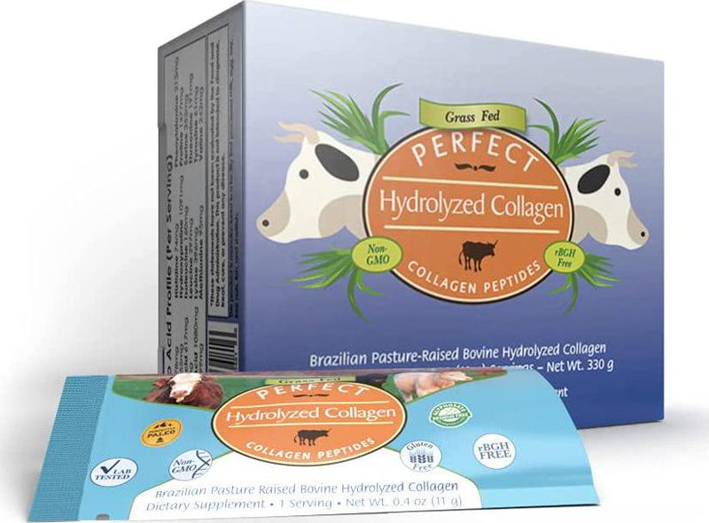 Collagen Perfect Hydrolyzed Protein Peptides SUGAR FREE 30 Single Serving Packets Perfect Supplements Australia Hydrolyzed Collagen Powder from 100% Grass-fed Brazilian Pasture raised cows. 30 Single Serving Packets