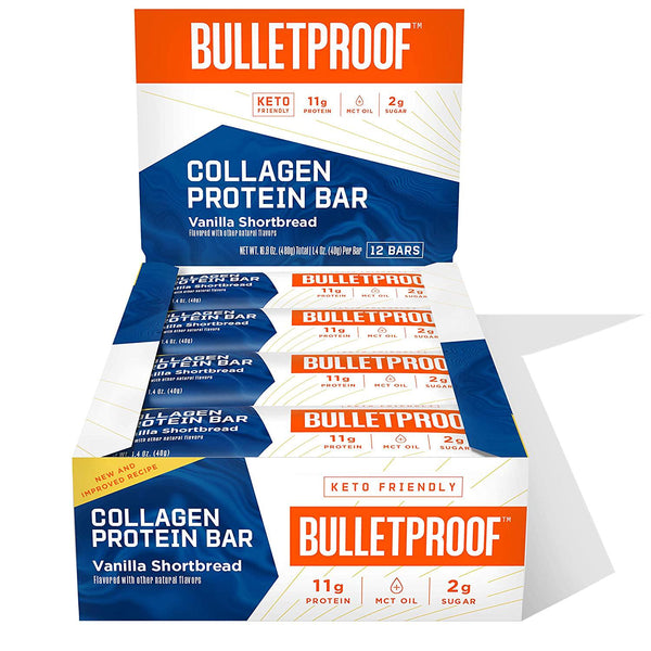 Collagen Protein Bars, Vanilla Shortbread, 11g Protein, 12 Pack, Bulletproof Grass Fed Healthy Snacks, Made with MCT Oil, 2g Sugar, No Added Sugar