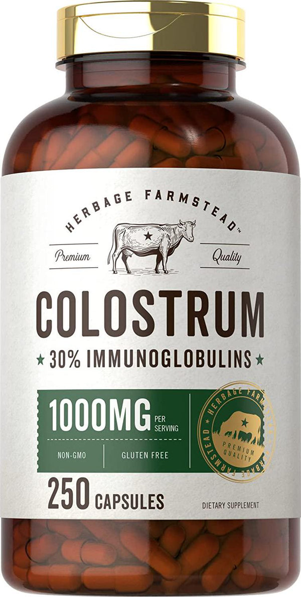 Colostrum Capsules | 1000mg | 250 Count | 30% IGG | Non GMO, Gluten Free Supplement | by Herbage Farmstead