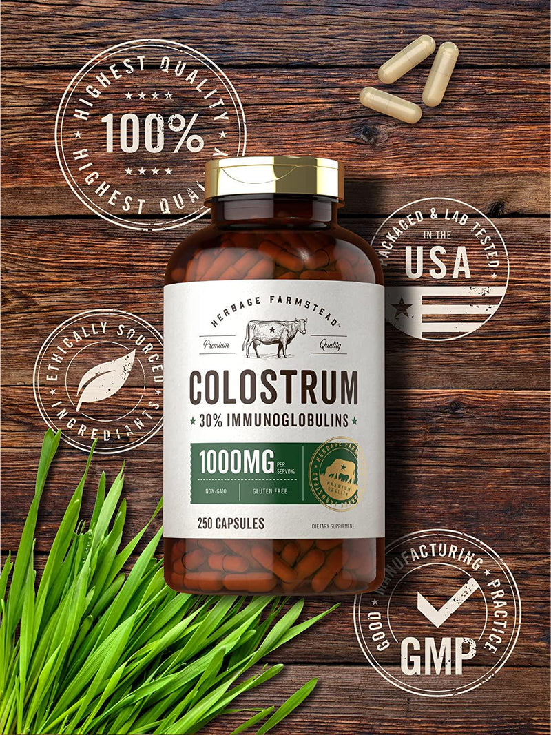 Colostrum Capsules | 1000mg | 250 Count | 30% IGG | Non GMO, Gluten Free Supplement | by Herbage Farmstead