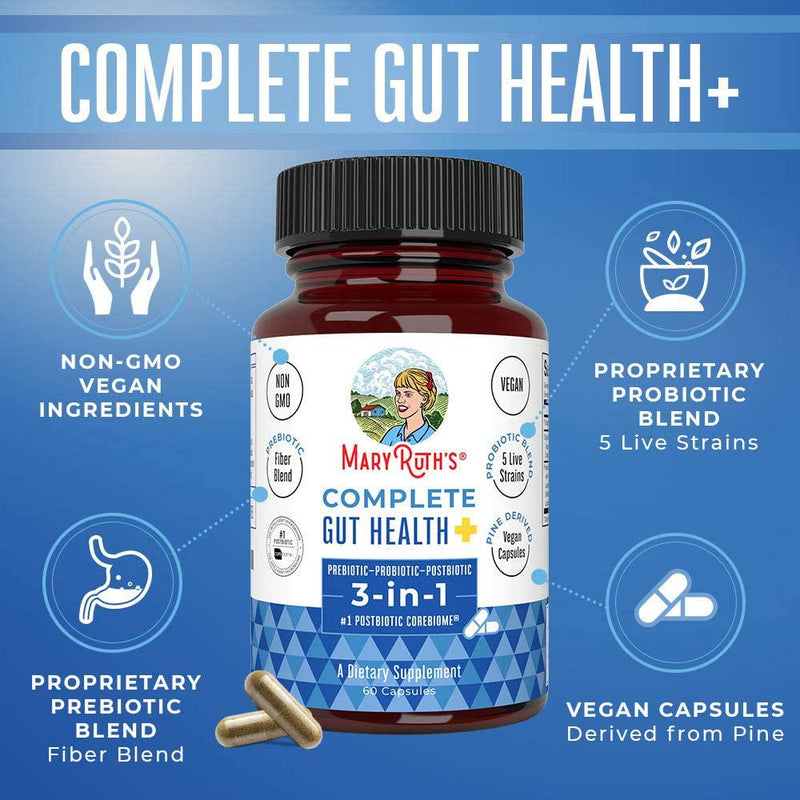Complete Gut Health+ by MaryRuth's | 3-in-1 Prebiotic + Probiotic + Postbiotic Corebiome Vegan Gastrointestinal Support | Support Gut Health and Immune Function | 2 capsules per serving; 30 servings