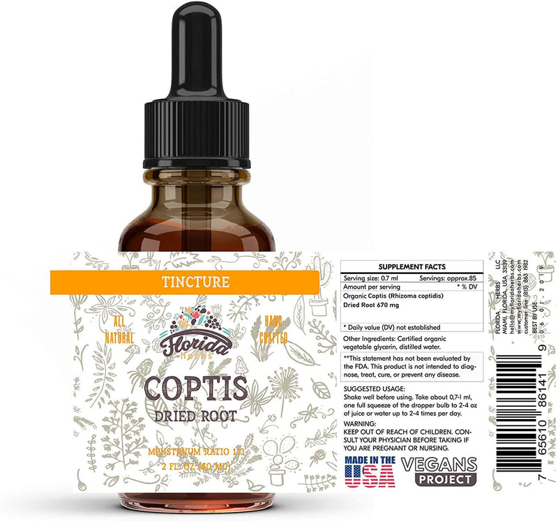 Coptis Tincture Organic Coptis Extract (Rhizoma Coptidis) Dried Root - Organic Supplement - Non GMO Gluten Free in Cold-Pressed Organic Vegetable Glycerine 2 Oz