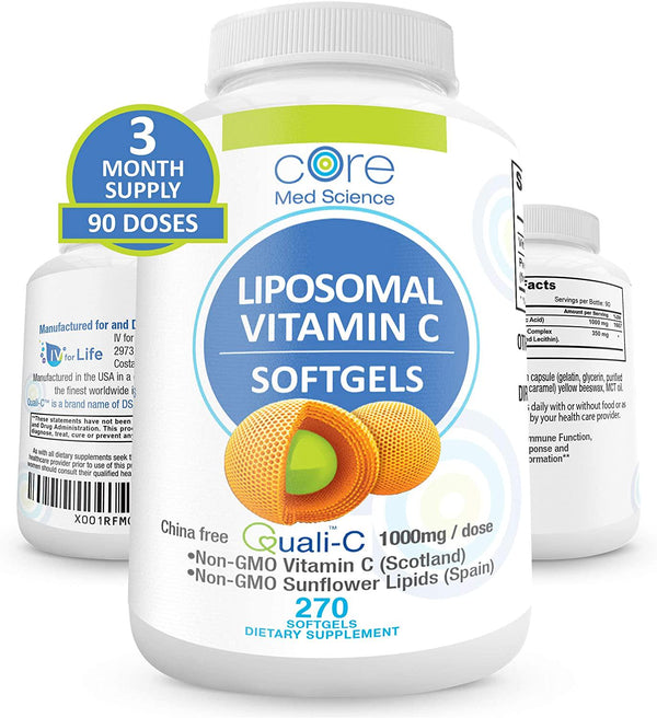 Core Med Liposomal Vitamin C Softgels 1000mg/dose - Quali-C Vitamin C (Non-GMO) - USA Made - Immunity Support, Collagen Booster Supplement - Non-GMO Non-Soy … (3 Month)