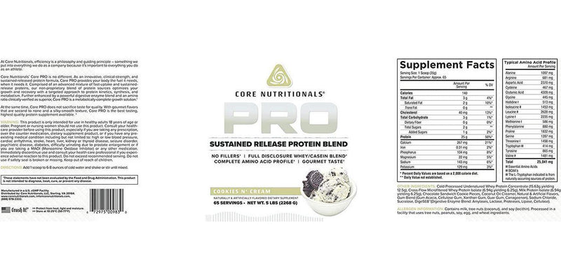 Core Nutritionals Pro Sustained Release Protein Blend, Digestive Enzyme Blend, 25G Protein, 2G Carb 71 Servings (Cookies and Cream)