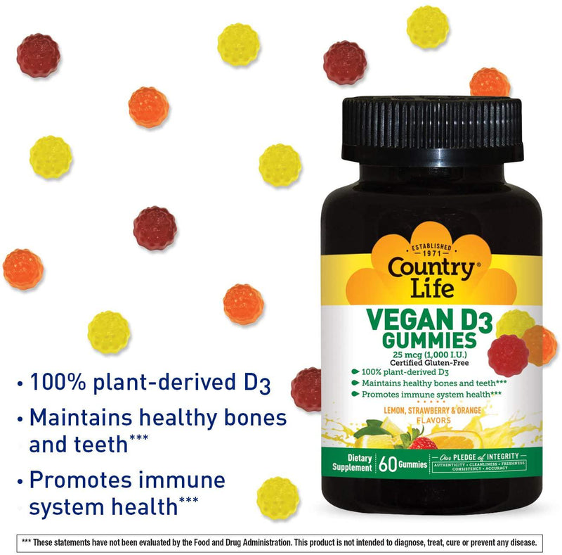 Country Life - Vitamin D3 Vegan Gummies Lemon, Strawberry and Orange 1000 IU - 60 Gummies