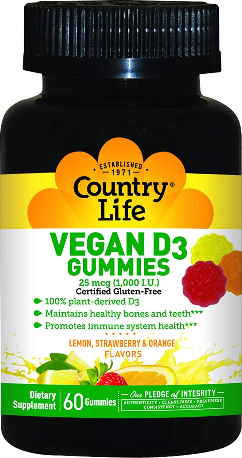 Country Life - Vitamin D3 Vegan Gummies Lemon, Strawberry and Orange 1000 IU - 60 Gummies