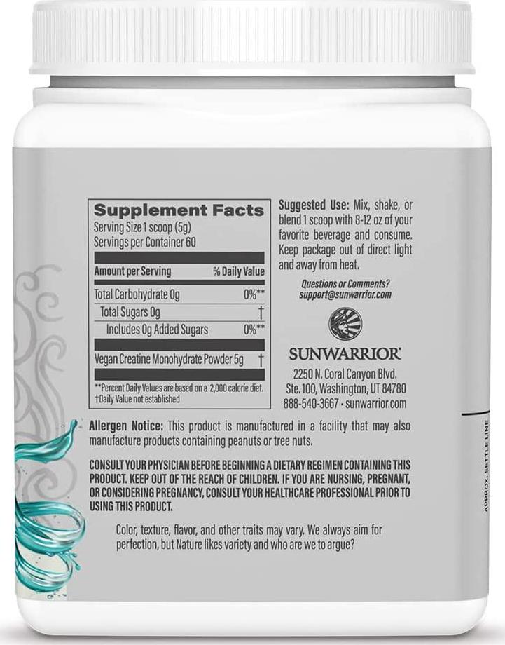 Creatine Monohydrate Powder | Muscle Building Pre Workout Vegan Keto Friendly Micronized and Easily Mixes 300g Tub (60 Serve) Active Creatine by Sunwarrior