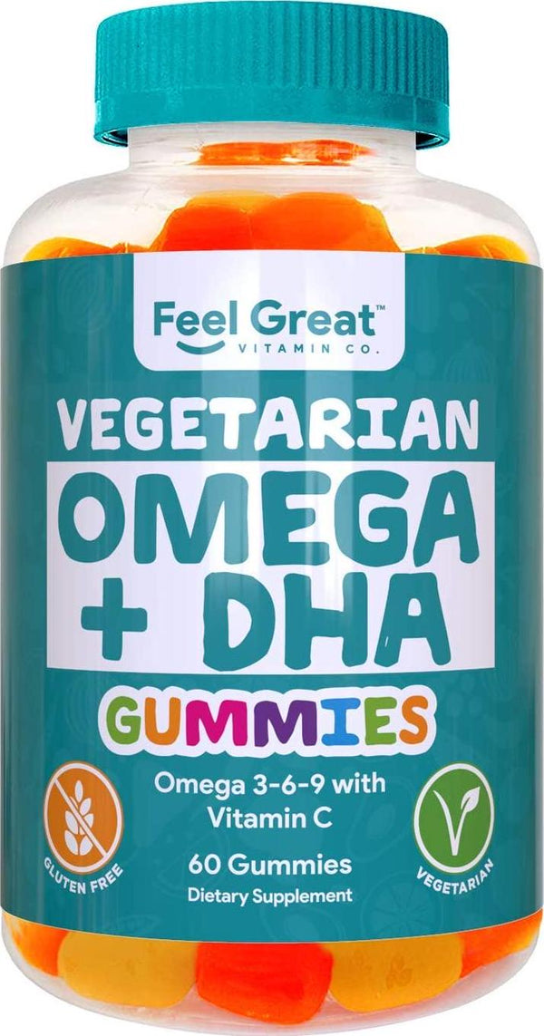DHA and Omega Vegetarian Gummy Vitamins by Feel Great 365, Packed with Vitamin C, Chia, and Omega 3 6 9, Supports Brain and Immune Functions, Men and Women 21 to 65 Plus, (60 Count)