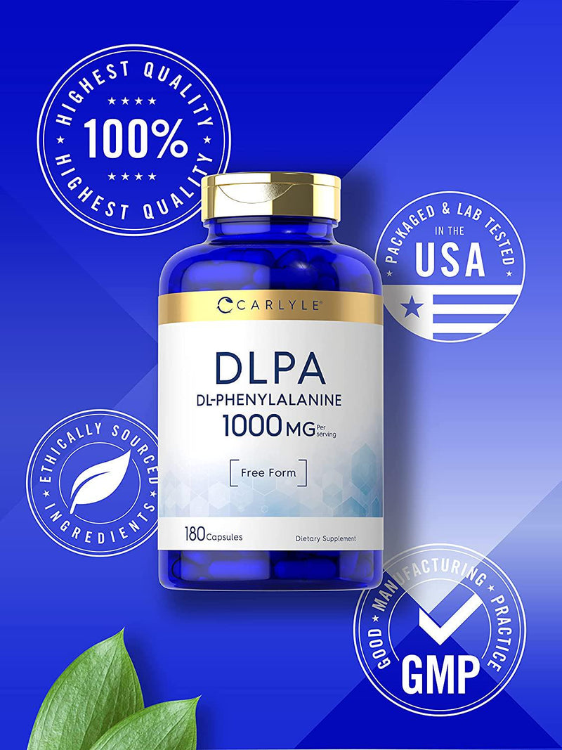 DL-Phenylalanine | 1000mg | 180 Capsules | Non-GMO and Gluten Free Formula | DLPA Free Form Supplement | by Carlyle