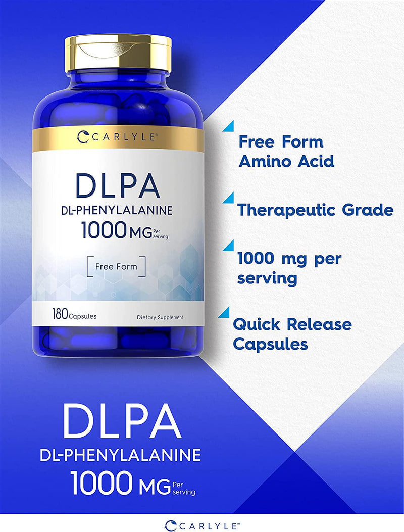 DL-Phenylalanine | 1000mg | 180 Capsules | Non-GMO and Gluten Free Formula | DLPA Free Form Supplement | by Carlyle