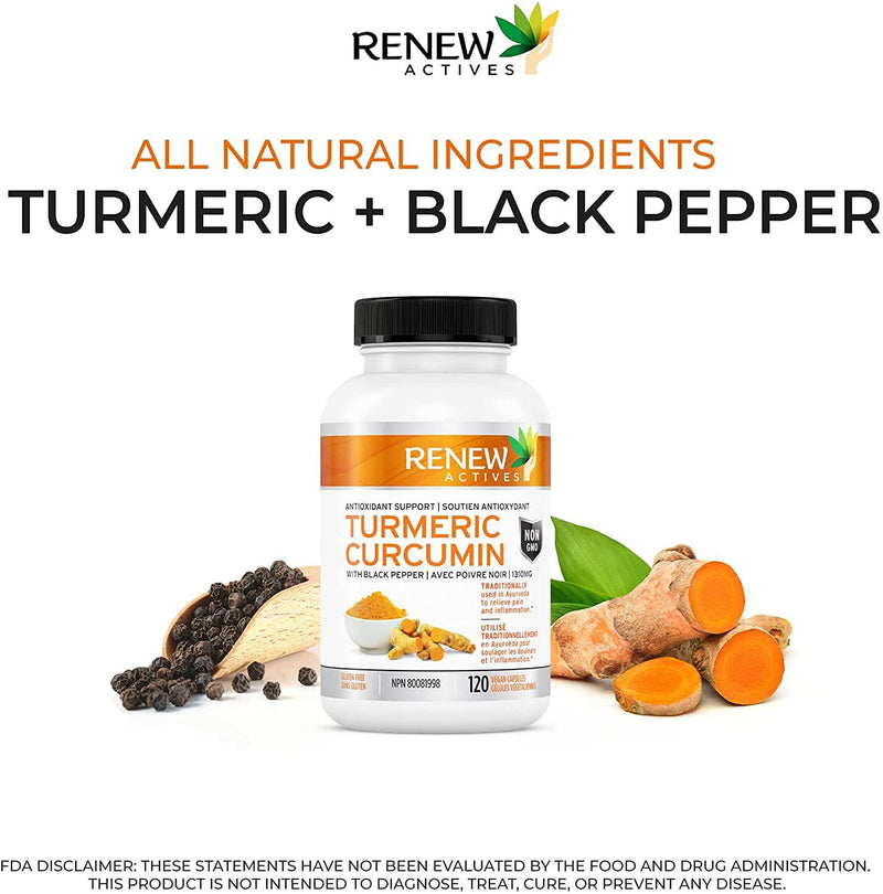 DOUBLE STRENGTH ORGANIC TURMERIC + BLACK PEPPER: Renew Actives 1300mg Turmeric Curcumin Supplement with Bioperine - Natural Anti Inflammatory Pills for Joint Pain Support - 120 Veggie Capsules