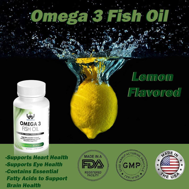 DRR Essentials Omega 3 Fish Oil Supplement Pack of 60 Soft Gels, 1200mg - Lemon Flavor | DHA and EPA Fatty Acids | Heart and Brain Support | GMP Certified