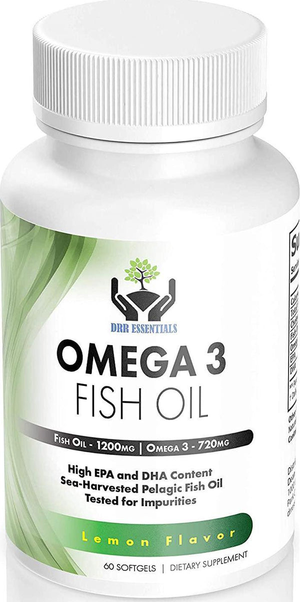 DRR Essentials Omega 3 Fish Oil Supplement Pack of 60 Soft Gels, 1200mg - Lemon Flavor | DHA and EPA Fatty Acids | Heart and Brain Support | GMP Certified