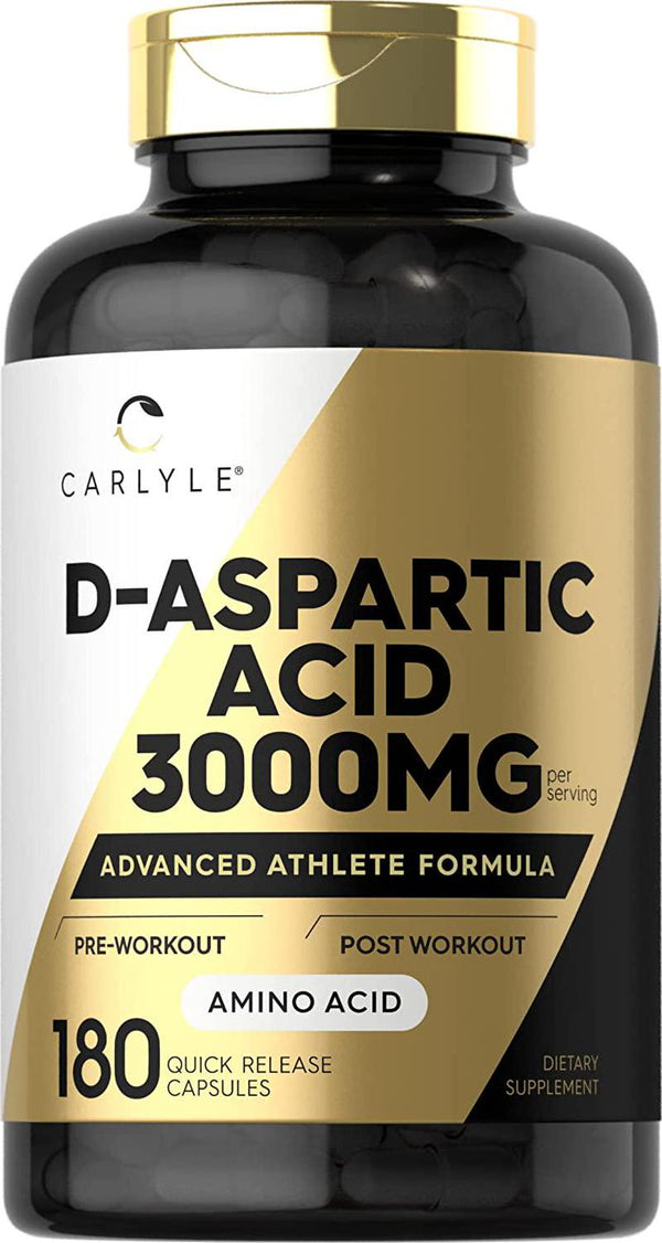 D Aspartic Acid Capsules (DAA) | 3000mg | 180 Count | Non-GMO, Gluten Free Supplement | Advanced Athlete Formula | by Carlyle